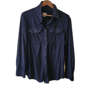 Chico's Women's Navy Size 8/10 Faux Suede Buttoned Office Workwear Soft Blouse